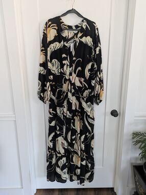 Premier Amour JCP 22W Blk/Multi Long Maxi Dress Peasant Sleeve Floral Chic NWT
